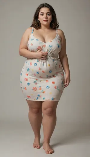 tall chubby bbw thick woman. full front view, wearing a multi coloured bodycon dress, clothes, preggo, <lora:preggoXL_v0.1a:1.2>