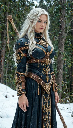 She stands tall and proud, her presence both awe-inspiring and dangerous. Her skin is pale as moonlit snow, kissed faintly by the cold winds of the northern wastes. Cascading down her back in wild, tangled waves is a mane of platinum-blonde hair, streaked with silvery tones like threads of ice. Her eyes are a piercing arctic blue—glacial, intelligent, and edged with the feral cunning of a huntress born to the frostbitten wilds.

Her beauty is raw and untamed, sculpted by hardship and war. High cheekbones, a strong jawline, and full lips give her a regal, almost ethereal quality, while the faint scars tracing her collarbone and ribs hint at countless battles survived. Muscled, her figure is that of a warrior goddess—broad-shouldered, with powerful legs, wearing minimal fur and leather armor, and bone trophies taken from the beasts and men she's slain.

She wields a massive two-handed axe etched with ancient runes, its haft wrapped in direwolf hide. Around her neck hangs a talisman of an elder god, and her arms bear bronze armbands inscribed with symbols of forgotten tribes.

She moves like a predator—graceful, silent, coiled with explosive power. She is a storm wrapped in flesh, an iceborn flame burning through the dark age of Hyboria., (large and muscular), busty, realistic detailed face, realistic detailed hair, realistic detailed body, realistic detailed skin, realistic detailed breasts, realistic detailed pussy, random view angle, action pose, detailxl, hkstyle, <lora:add-detail-xl:1.5>, <lora:style_lora_realis:.5>, <lora:hkstyleV5:.8>