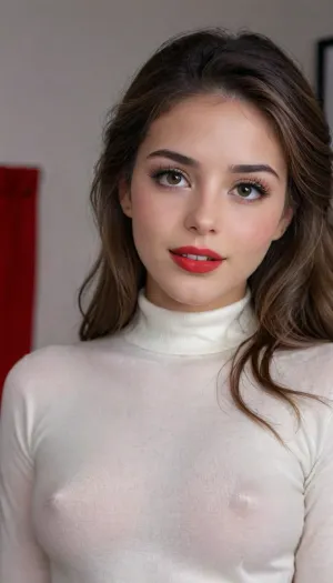 Black background, side view, closeup, 18yo girl in little white turtleneck sweater + sexy leather pencil Skirt, braless, long wavy thick hair with long bang covering one eye and cascading about her shoulders, in a cluttered youthful girl's bedroom, night, no underwear, hands behind head, big smile, heavy eyeliner, red lipstick, big false eyelashes, thick eyebrows, smokey eyes, large hoop earrings, Wearing, clothes, that, make, sense, with, Braless>, great, lighting, bellissima, 1girl, sweater_top, <lora:bralessSDXL_v1_00022:1.4>, <lora:great_lighting:1.8>, <lora:SkylerLo_XL-000007:1.5>, <lora:LesFemmesXL_v1.0:1.2>, <lora:mao1_XL_reg1_:1.4>