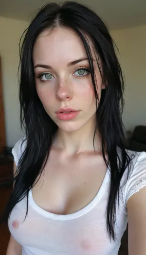 24 year old emo with very sexy, girl wearing snug clothing accentuating her big and sexy bust bcy chest, snug shirt that makes her boobs look very big, blue shiny eyes, (white semen cum spurts at mouth:1.5), lextremely sexual curves, tiny waist, tight waist, microwaist, large bust, wide hips, fertile hips, skinny and lean physique. Sensual Emo female body. Long black hair framing a cute freckled face, very long straight flat hair, freckled face, freckled cheeks, beautiful freckles. Has green colored eyes, ., white shirt with black lace sleeves, early 2000's emo attire, wearing emo clothing from the early 2000's, ripped skinny jeans, low-rise skinny jeans, full length skinny jeans. Dynamic lighting, natural lighting, key light, side light, . early 2000's Myspace profile pic selfie, kissy face selfie, standing up, good posture. score_10_up, score_9_up, score_8_up, score_7_up., <lora:add-detail-xl:2>, <lora:MJ52:2>, <lora:WildcardX-XL-Detail-Enhancer:2>, <lora:Adjust_SDXL_v3.0:2>, <lora:eGirls_XL_v1:2>