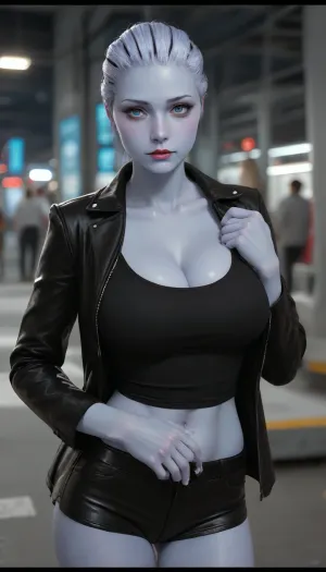 (Masterpice), (HD4K visual), (detailed background), 4K ultra-detailed image, HDR, enhancement, professional photography, clear face, detailed face, precise anatomy, (perfect symmetry), (5 fingers per hand), maximum resolution, sharp focus, NSFW, one female blue skinned Asari from mass effect, beautiful blue skin, blue eyes, tall, thin frame, gigantic breasts, tank top, short shorts, leather jacket, background futuristic city, Asari, ratatatat74, incase, style, <lora:asari-sdxl:1.4>, <lora:ratatatat74-000050:1.4>, <lora:Incase_Style__SDXL:1.4>, <lora:fairytale_and_mythical_characters_r1:1.4>
