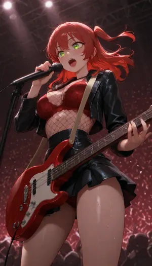 (solo:1.1), Kita ikuyo, on stage, playing guitar, rock concert, sweating, singing, microphone, dynamic pose, dynamic view, fishnet top, black leather jacket, red lace bra, short black skirt, red lace panties, big boobs, slim waist, glowing eyes, sparkling eyes