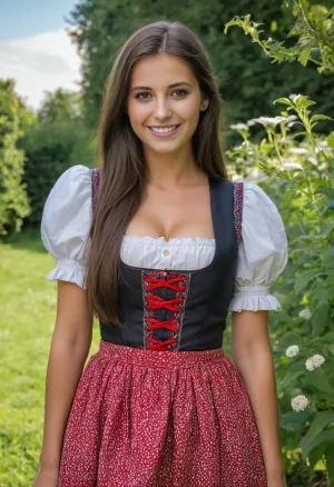 (high quality photographie), (detailed eyes), (detailed skin), (ultra sharp), one only beautiful tall 22yo woman, long natural dark brown hair, very straight hair, in traditional Austrian Dirndl Dress, on a sunny day on in the garden, no makeup, smiling, full body view