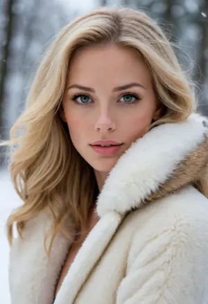 Solo, sexy, super überrascht, sehr süße Frau mit langem, goldblondem Haar und super großem Volumen. Ihre Haut besteht aus Fuchsfell. Supermodel in einem sehr langen Schneefuchsfellmantel über dem Kopf. Insgesamt Aufnahme mit Kopf und Beinen. Detaillierter Hintergrund