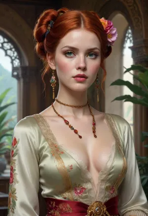 beautiful rich redhead woman wearing fantastic hand-dyed satin clothes, lace, satin ribbons, large oriental house with servants, deep cleavage, embellished beaded feather decorative fringe knots, colorful pigtail, subtropical flowers and plants, symmetrical face, intricate, elegant, highly detailed, 8k, digital painting, trending on pinterest, harpers bazaar, concept, art, sharp focus, illustration, Tom Bagshaw, Lawrence Alma-Tadema, Alphonse Mucha, <lora:ac_neg1:.5>