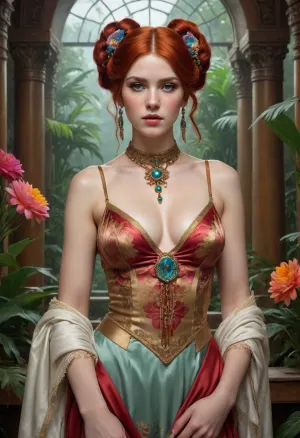 beautiful rich redhead woman wearing fantastic hand-dyed satin clothes, lace, satin ribbons, large oriental house with servants, very deep cleavage, embellished beaded feather decorative fringe knots, colorful pigtail, subtropical flowers and plants, symmetrical face, intricate, elegant, highly detailed, 8k, digital painting, trending on pinterest, harpers bazaar, concept, art, sharp focus, illustration, Tom Bagshaw, Lawrence Alma-Tadema, Alphonse Mucha, <lora:ac_neg1:.5>