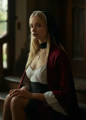 solo, female, full body view, (clothed), (nun), traditional burgundy habit dress, (burgundy nun's veil), silver necklace, midnight, ((hands, together at heart, seductive smile at viewer)), ((Name, Anna Hermana), 21-year-old Swedish adult woman, very long, platinum blonde, straight hair, flowing down to her waist, blue eyes, delicate and symmetrical facial features, natural beauty, an angelic and youthful appearance, boyish athlete figure with hips, medium breasts that are firm, round, and elevated, tall with thighs that are soft and full, but not muscular, natural blonde hairy pubis, medium-sized butt that is firm, perky, and well-shaped, with no sagging), sharp focus, fine details, (((raw))), nun, close-up, (sitting on steps outside church door), (lifts her dress slowly to remove her white cotton panties), (((dramatic dark atmosphere))), (high contrast), cinematic shot, dynamic lighting, 75mm, Technicolor, Panavision, cinemascope, 8k, HDR, realism, realistic, key visual, film still, cinematic color grading, depth of field. detailxl, panties, pulled, to, side, pussy, shaved, <lora:add-detail-xl:.8>, <lora:MJ52:.8>, <lora:Pussy_pants_nohands_D03_realvizXL2_bucket_01-000010:.6>