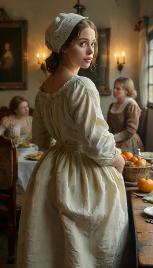 Style of Vermeer, uhq, masterpiece, 50 yo woman, Scandinavian, standing wearing 17th century smock dress, facing away from viewer, lifting dress at the back and mooning at thanksgiving dinner, tits out, detailed aroused faces, dining room, several women sitting in background, thanksgiving dinner table, pants around ankles, one breast falling out of top, she is very aroused and having an orgasm, several people sitting at table, kodak gold 400, natural look, photorealistic, huge, breasts, massive, style, of, Jan, Vermeer, <lora:mooningv2_SDXL:.5>, <lora:MJ52:.8>, <lora:SDXL_MassiveCowsLoRA_v1:.8>, <lora:Back_Shot-000005:.8>, <lora:tbh122-sdxl:.8>