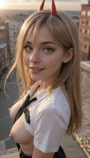 (young:1.5), Power \, (chainsaw man\), highres, highest quality, ultra detailed, (detailed face), (detailed eyes), cinematic lighting, best quality, hyper detailed, masterpiece, detailed background, 1girl, solo, red horns, blonde hair, long hair, cross-shaped pupils, symbol-shaped pupils, orange eyes, white shirt, black tie, luminous eyes, medium soft breasts, on breasts bouncing, nipple out, light rays, (colorful), smile, upper body, from above, rooftop, city from distance, clouds, street, public transport, concrete structures, pretty face orgasm, (cute disgusted:1.3), negative. Hay sweety, blowjob? you have mouthjob? or maybe in ass?. Masterpiece. Dad relieves stress after a hard day at work using his daughter's ass, powerful draining all the sperm that he has accumulated in a work week, ejaculation, daddy you so good, your cum is realy hot, anus stretched to the limit, moaning, extreme pleasure, yes Daddy, im your good girl, dinamic posing, anal sex.