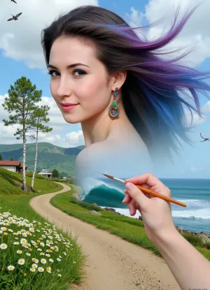 (masterpiece), (top-notch quality), (high detail), photorealism, Octane Render, complex composition, surrealism, ethereal, fairy-tale-like, (double exposure), (picture-in-picture), ((a beautiful woman's face, upper body, view from the shoulder)), (flowing colored hair:1.2), with shades of purple, blue, green, and orange, (exquisite ethnic jewelry:1.1), on the ears and neck, (facial makeup details:1), 05, under the eyes, gaze to the side, (barely noticeable smile), bright makeup, soft facial lighting, ((transparent effect of a hand holding a brush:1.3)), (drawing or painting with a landscape:1.2), that comes to life in reality, ((lush green landscape:1.1), with a winding dirt path, (double exposure), (picture-in-picture), (white daisies:1), in the foreground and along the path, (birch trees:.9), on the left, (hilly terrain:.8), in the background with small houses, (large ocean wave:1), rising on the right, flying birds, (butterflies:.8), in the sky, (bright blue sky with clouds:.9), HDR, volumetric lighting, depth of field, sharp focus, intricate details, dynamic pose, rich colors, intricate patterns, delicate brushstrokes, digital painting)