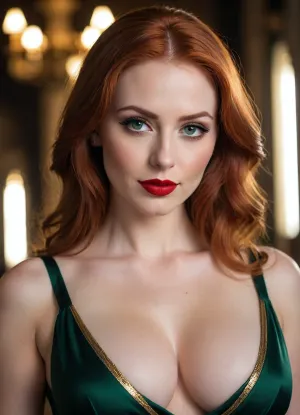 Beautiful busty woman, attractive woman, sexy, long straight redhead hair, deep green eyes, red lipstick, smirk, wearing à black and golden dress, very deep cleavage, in a temple, detailxl