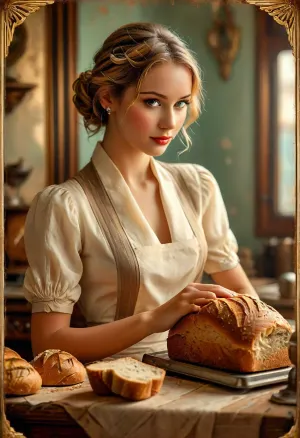 Art Deco poster of a glamorous female bread slicer, elegant lines, luxurious details, and a sense of modernity, on old paper, /KlTTY-ART/, <lora:COMFYUI_mimic_landscape_-_XL_SDXL v2.0:.7>, <lora:attractive_notrigger:.8>, <lora:PerfectEyesXL:.6>, <lora:MJ52:1>