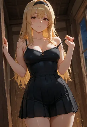 Solo, highly detailed, 30 y.o., blonde_hair, long_hair, brown_eyes, black sleeveless dress, pleated_skirt, black headband, pulling down top, freckles, log cabin interior, living room, night time, window, wall behind her, back against wall of log cabin, freckled skin, Small Breasts, cleavage, aroused, nervous, Wide Angle, view from front, aged up, undressing, <lora:undressing_XL_v1:.8>