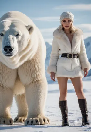 (Stunning fashion model, 1.2), (woman in fur outfit, 1.3), full body shot, standing, ((next to a majestic polar bear, 1.2)), winter mountain landscape, snow-covered peaks, bright blue sky, sunny, (silver hair, 1.1), fur hat, cropped fur jacket, fur mini skirt, (studded belt with pearls, 1.1), fur boots, (fluffy texture, 1.2), sharp focus, highly detailed, realistic, photorealistic, (cinematic lighting, 1.1), professional photography, dramatic, luxury fashion, outdoor adventure, (polar bear companion, 1.1), looking at viewer, confident pose, vibrant colors, (soft shadows, 1.05), shallow depth of field, high resolution, 8k, ultra HD, Vogue style.