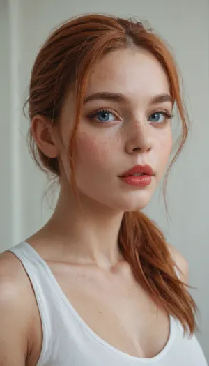 ziprealism, (score_9, score_8_up), ((Detailed portrait of a young Scandinavian super model, insanely beautiful)), closeup shot, sharp focus, high saturation, high contrast, portrait, focus on eyes, detailed bright blue eyes, detailed smokey makeup, detailed long eyelashes, detailed red lips, (detailed freckled face), (detailed ginger hair, tight ponytail)