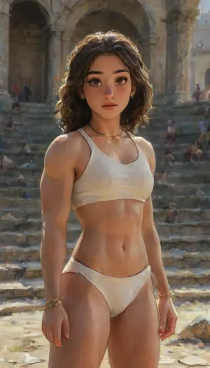 Photorealistic full-body image of a Persian Gladiatrix, in ancient Rome, depicted as a fit, athletic adult woman with a strong but natural build. She stands on the sand covered arena floor of a Roman amphitheater, under bright Mediterranean daylight, surrounded by stone arches and blurred spectators carved into tiered seating.

She wears minimal, white exposing costume, pelvic curtain, arabian transparent harem outfit, breasts curtain, white clothes, detached slit sleeves.

She holds a short gladius and a small parma, both visibly worn from combat. Her posture is calm but victorious, weapons lowered rather than raised theatrically, conveying discipline and realism rather than spectacle.

Her hair is long curly but loosely bound. Elaborate makeup—only, full set jewellery, sun-tanned skin, sweat, dust, and scarring. Realistic skin texture, natural lighting, subdued earth tones. The atmosphere feels authentic, gritty, and grounded, emphasizing historical realism over fantasy or modern stylization.

Shallow depth of field, realistic lighting, sharp focus, ultra-detailed, high resolution, editorial sports photography, cinematic realism, supermodel, face, big, lips, cl!ne, 1girl, brown, eyes, multicolor, hair, blonde, breasts, medium, highlydetailedbody, realisticface, highlydetailedhair, insanelydetailed, 8K.highdetailedskin, highresolution, perfectfingers, (j_cartoon:1.5), Drawing, uberfit, muscular, athletic, comic, book, illustration, s4ffari, Sara Saffari, <lora:Sara_Saffari:2>, <lora:detailed_notrigger:2>, samdoesart, <lora:samdoesart_style_xl_v1:.4>, <lora:J_cartoon:.3>, <lora:Animated_Concept:.4>