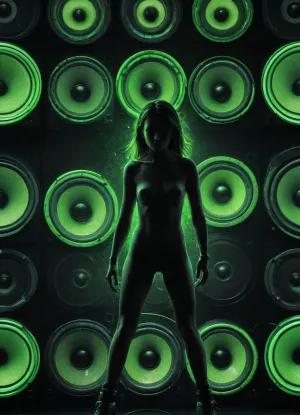 close-up, front, ((((a wall made up only of speakers)))), monochrome graphic illustration with very strong contrasts of neon green and black, a stylized silhouette of a naked youngfull face raver girl dancing facing a wall made up only of speakers, The design is perfectly balanced by clean vector lines and strong halftone patterns. The intense visual energy is imbued with abstract geometric shapes and sharp flashes. The voluminous and glitchy textures are both strange and fascinating, the aesthetic is flat in 2D, the style is screen printed, realism is absent and the graphic art is purely digital., <lora:watermikuV14_SDXL:2>