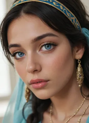 Arabian Harem woman, plump, blue arabic clothes, gold jewelry, long black hair, perfect eyes, sensual, bend down, dynamic angle, close-up