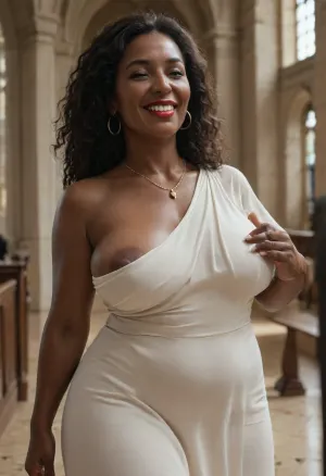 (African MILF:1.9), (ultra black skin:1.4), white dress, standing, church, smiling, laughing, long hair, red lipstick, one breast falling out of dress