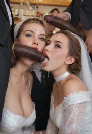 Group interracial, (very large 3 black ejaculation penis:1.2), (3 huge BBC cocks:1.2), 3girls, (The happy chubby Persian oral bride in sexy wedding dress with 2 bridesmaids both sides sitting and standing near her:1.3), small oval faces, (blonde, brunette and ginger girls), (white wide choker), (white lace gloves to shoulders:1.2), (white lace stockings with thick garter belt:1.2), (many people background:1.65), perfect makeup, red lipstick, cum bride's chain, (cum dripping from huge gigantic big black penises:1.3), (gold cock ring:1.35), penis over head, (ejaculation:1.2), (licking cock), (cock in mouth), (blowjob), (absolutely full deepthroat to balls:1.2), perfect tongue, (cum dripping from tongue:1.2), (cum on forehead:1.2), (cum on face:1.2), (white cum glass holding), cum swallowing on face, (facial bukkake:1.2), (cum dripping from mouth), (living public rich restaurant background), (on background full clothes in suit cuckold husband watching:1.2), bbcdeepthroat, Wes, Anderson's, restaurant, _SDXL, .8>, sakaba, indoors, japan, scenery, Tiffany, blonde, white, thighhighs, (short, hair:1.7), hair, on, one, eye, frills, puff, sleeves, (white, bridal, dress, veil:1.5), <lora:BBCDeepthroat:2>, <lora:taisyu_sakaba_SDXL_V2:1>, <lora:Tiffany_head:1>, <lora:kogaoponyxl-10:1.5>, <lora:Nier_Automata_2B_White_Wedding_Dress_Bride_Cosplay_Realistic_LoRA:2>