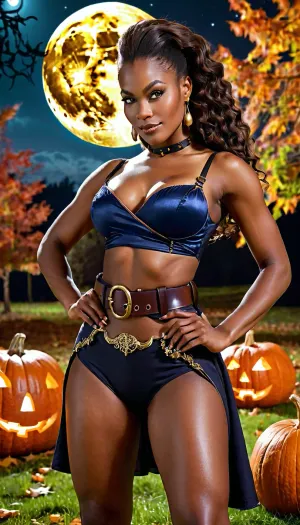 dark skin woman looking at the camera smirking, flowing cloth pirate outfit, hip skin, high waist belt, anime, Halloween, high fantasy, spooky dark autumn park night time, cartoon, epic, enhanced, close up, legs, strong athlete, upskirt, muscular, big hips, hands up in hair, celebration, dreamlike, slicked hair, Giant festive pumpkins in back ground, warm candle lighting, oversized moon in sky, otherworldly, trimmed pubic hair