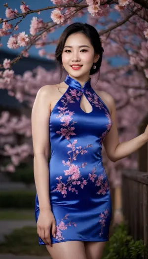 captivating young black-haired Chinese pale-skin girl, smiling, desirable plus-size breasts and thighs, tight-fitting translucent cheongsam on completely bare, cherry tree, night moon glow