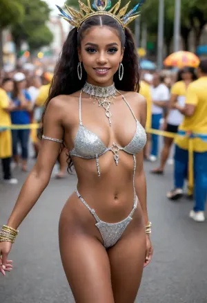 Instagram photo of an 18-year-old Brazilian kings girl body in a Swarovski crystal and zafiros carnival bondage, full body view with heels, slim with a perfect tight body, dark skin, perfect breasts, round pussy, perfect face, full lips, very long dark glittery hair in a ponytail, in a carnival parade, sunny carnival day in Brasil, wearing carnival makeup, super sexy girl.