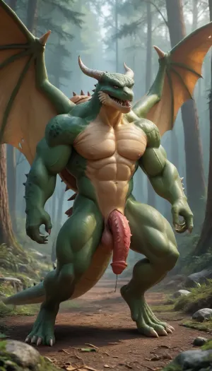 green dragon anthro, turtle shell, dragon wings, large green dragon cock with spines, large muscular legs, short muscular arms, dragon, classic, exotic, magma, bone, undead, thunder, forest, golden, <lora:Classic Western Dragons XL:.8>
