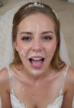 3/4 body shot of happy woman wearing wedding dress with cum on her forehead, facial, <lora:Facials:.5>, open mouth, (cum in mouth:1.3), <lora:JustCum:.5>