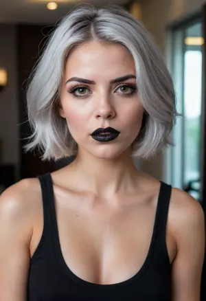 Silver hair, 25 years old woman, little trimmer in hand, realistic angry face, black lips