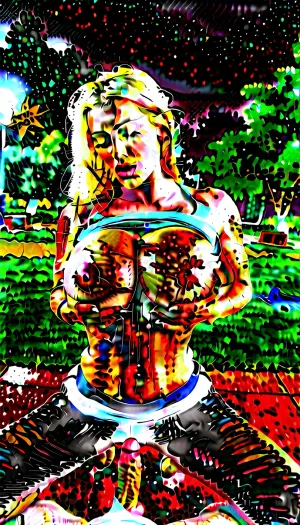 woman, ultra realistic, 8k resolution, white woman, blonde hair, huge boobs, massive boobs, huge breasts, slim fit body. Oiled body. Ripped off leggings. One Arabic Tattoo only on left forearm.no more tattoos. Getting fucked by a man with long black hair. In a park by night. Looking tired.
