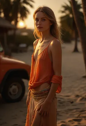 A 35 years old woman with a distinctly androgynous, lean and naturally athletic physique, defined by clean lines and subtle structure rather than pronounced curves, narrow torso with minimal hip emphasis and an extremely flat chest with almost no visible breast volume creating a strongly restrained gender neutral silhouette, (flat chested:1.7), her posture relaxed and grounded with quiet physical presence, limbs long and proportionate with soft visible muscle tone, her skin light with warm sun touched undertones, highly detailed with freckles, visible pores, fine lines and natural tonal variation, slight redness across cheeks and nose, realistic matte texture, her face softly elongated with an oval structure, gentle cheekbones, subtle asymmetry and fine lines around the eyes, almond shaped blue grey eyes with a calm observant gaze, light natural eyebrows, straight nose, thin softly defined lips forming a subtle knowing expression, her blonde hair loosely tied back with natural strands falling freely, soft texture and understated realism, A vibrant bohemian hippie outfit with a sensual and free spirited aesthetic, composed of layered lightweight fabrics in rich saturated colors such as deep reds, warm oranges, turquoise, violet and sun faded yellows, an open flowing shirt made of thin semi transparent cotton or silk, loosely draped and moving with the body, revealing skin in a natural effortless way without overt exposure, decorated with intricate embroidery, hand stitched patterns and small mirrors reflecting light

Multiple layered necklaces made of beads, shells and natural stones resting across the chest, mixed with thin metallic chains and worn leather cords, creating depth and movement, additional bracelets and anklets with fine details and organic textures

A soft silk scarf wrapped around the hips as a loose belt, gently flowing and shifting with every movement, adding color contrast and fluidity, the lower body partially covered by a light fabric skirt or wrap with irregular edges

Barefoot, with natural relaxed posture, feet slightly dusty, grounding the look in an earthy authentic atmosphere, (her hands touching eagerly her perfect vagina:1.4), A photorealistic tropical beach scene at sunset, warm golden light bathing the entire landscape, a vintage VW T2 van parked on soft sand with surfboards strapped to the roof, palm trees gently swaying in the background, the ocean glowing in deep orange and pink reflections, a cozy beach setup with layered blankets, cushions and a small campfire, soft shadows stretching across the sand, subtle breeze moving fabrics and palm leaves, cinematic lighting, rich color gradients in the sky, calm waves rolling in, highly detailed textures of sand, fabric, wood and water, peaceful, dreamy and intimate atmosphere, natural composition, golden hour realism, <lora:MJ52:.8>