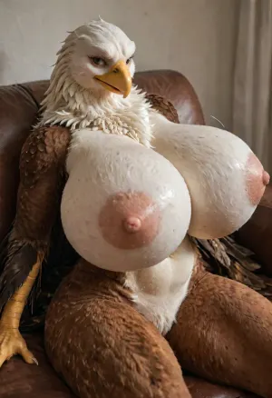 Masterpiece, high Quality, simple background, Best Quality, solo, ((anthro female, bald eagle, Beautiful face, anthrofied, avian, Brown feathers)), huge breasts, heavy breasts, skinny body, lean thighs, nipple tuft, winged arms, arm feathers, crotch tuft, nude, dynamic angle, lying on sofa, (((motion lines, hyper breast expansion))), (((furry art, anthro woman))), <lora:add-detail-xl:1.2>, <lora:LCMTurboMix_Euler_A_fix:1.1>