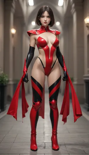very hot famela superheroine, full body, gigant tits, very revealing outfit, extremely low-cut outfit, extremely minimal outfit, hypersexualized