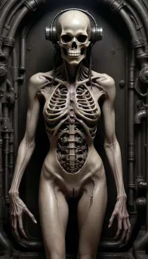 Create a detailed black and white surreal biomechanical drawing in the style of H.R. Giger, drawing, biomecanoïd, anal, anus, bucal, mouth, vaginal, pussy, penis, orgasm, organic, organ, mechanic, mechanical, tongue, pipe, tube, connected, biomechanics, fused flesh and machinery, skeletal structures, elongated skulls, xenomorphs, phallic symbols, vaginal forms, uteruses, birth canals, fetuses, stillborn infants, decaying bodies, organic tubes, pipes, wires, pistons, gears, rib cages, vertebrae, spines, tails, eggs, cocoons, tentacles, serpents, skulls, bones, mechanical limbs, cyborg hybrids, biomechanical landscapes, sarcophagi, tombs, crucifixion motifs, Baphomet figures, occult symbols, Medusa heads, insectoid appendages, warheads, conveyor mechanisms, exposed muscle, smooth contoured surfaces, erotic penetration, insemination imagery, tortured forms, bound bodies, headbands, vices, straps, syringes, toxic fluids, misty wastelands, lead pillars, goblin heads, gremlins, alien creatures, reproductive organs, breasts, genitals, decaying metal, rusty textures, monochromatic tones, airbrushed gradients, biomechanical condors, masks, ghost trains, birth machines, womb chambers, spinal columns, bulbous pods, dripping fangs, weaponized tails, embryonic sacs, fused genitals and machines, orgiastic decay, purgatorial realms, perinatal trauma symbols, spiders, volcanoes, crosses, Jesus figures, satanic elements, wisdom serpents, ghostly mists, severed heads, tubular extensions, arterial veins, transparent wombs, skeletal entities, industrial fusion, post-human hybrids, erotic torture, fleshy machinery, ribbed surfaces, locust limbs, slide rods, war machine forms, occult magic, light and hope glimmers, biomechanical eroticism, land