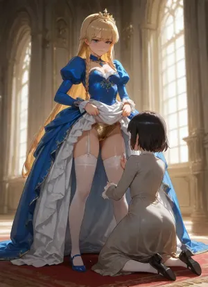 two women, in castle, curtains, ({princess, (blond long braids), small breasts, silk blue royal gown, white stockings, shoes, long sleeves, golden tiara, dry clothes, pulling up dress, legs apart, golden chastity belt), crying, (leaking juices, 1.3), }, ({woman, black short hair, simple grey woolen dress, shoes, kneeling on carpet, }), zoom to pussy