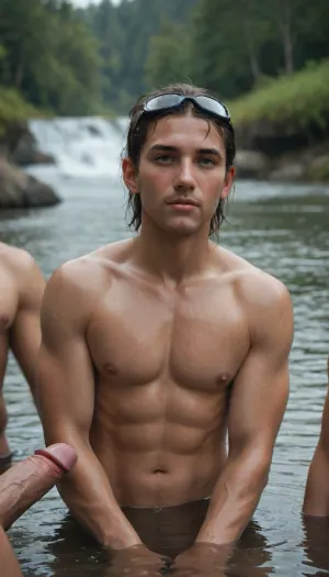 Three male gays, with huge penisses, at lake, wet skin, wet hair, swimming goggles