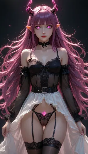 Charming girl, (Multicolour bright Hairstyle), (charming eyes, bright violet glowing pupils:1.5), (upperbody:1), (very long Luxurious hair in the wind), Kyoko Kirigiri from Danganronpa series, (flatchest:1.2), HDR, 8K, high contrast, masterpiece, best quality, amazing quality, beautiful mature elven woman drawn in anime style, big demonic horns, long elf ears, very aesthetic, high resolution, ultra-detailed, (best quality:1.1), black background simple background, see-through silhouette, very beautiful realistic pussy, Sexy lingerie with suspenders, lace stockings, realistic pussy in transparent panties, cameltoe, tan linies, elastic hips, lace garter belt, lace thigh high, cleft of venus, (glossy skin:1.5), a sexy smile, black bow with red ribbons at the edges in gothic style, glowing demoness horns, <lora:Kyoko9:.8>, <lora:Red_and_black__gothic_fantasy-000007:2>, <lora:light_contour_sdxl:2>, <lora:Glowing_beach:2>, <lora:glowneon_xl_v1:2>