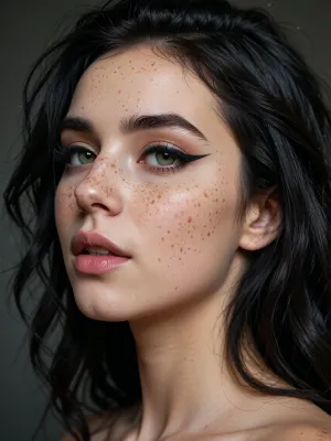 A detailed striking portrait of a 23 years old woman with green-hazel eyes and a delicate retrousse nose that highlights her features, abundant freckles She is wearing distinct 'foxy eyes' makeup, featuring bold, sharply winged black eyeliner on the upper lids that elongates her almond-shaped eyes. Her skin is clear, with prominent natural freckles scattered across her nose and cheeks. She has dense, natural black eyebrows and, messy, wave, deepblack hair, ebony hair, messily falling around her face. Her lips are natural, and her expression is calm, glancing upwards. Three-quarter view portrait, head tilted back, chin raised up, looking down into the camera lens. Realistic, high-definition photography style, with soft, directional studio lighting. hyperrealistic, cinematic lighting, 8k resolution.
