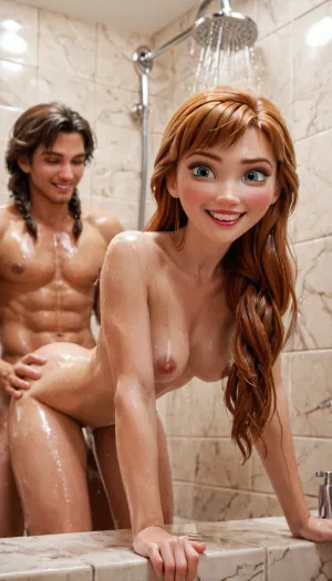 Anna from frozen, in the shower, steamy, anna, long hair, <lora:Frozen_-_Anna_SDXL:.8>, smile, happy, having sex, doggystyle