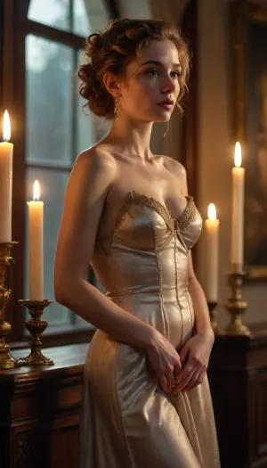 Sleeveless Halter neck long gown, royal purple, room bathed in golden sunset light coming through large wooden framed windows, rays of light highlight dust hanging in the air, warm tones, (((fully clothed))), ((close up view)), dynamic pose leaning on the furniture, short straight hair tucked behind the ears. Freckles and skin texture visible. Small unsupported breasts, athletic. Baroque masterpiece. A dimly lit museum gallery at dusk, walls adorned with Baroque frames reflecting flickering candlelight. chiaroscuro lighting, Skin rendered in pearlescent tones, blending realism with idealized beauty., languid pose, her limbs arranged in elegant contrapposto. The background dissolves into a velvety darkness, punctuated by distant candle flames. Warm, directional candlelight, (soft glow, Rembrandt-esque), Echoes of Rubens' voluptuous figures and Caravaggio’s dramatic lighting, merged with modern hyperrealism., <lora:BUT_SDXL_SHS:2>, <lora:real-humans-PublicPrompts:1.2>