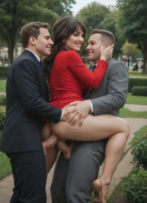 (No panties:1.3), Elvira, 25 years old, (Full height:1.3), (smiling:1.3), brown hair, perfect hair, (woman tight red dress:1.3), (two man in a suit groping and fucking woman in the ass in park, lawn, bush, double penetration, the two penis enters the ass:1.3), (bottom view:1.3)