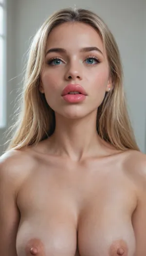russian cute girl, 18 y.o, blonde, slim waist, ((over-detailed professional photography, masterpiece)), (gigantic boobs:1.5), (fake boobs), huge boobs, sharp nose, straight hair, detailed face, cute face, (big lips:1.5), (naked)
