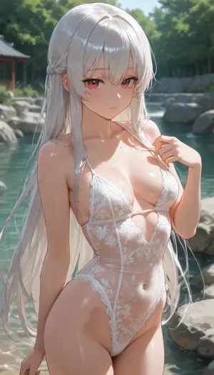 chinese, 1girl, white long hair, small breasts, swimsuit, white lace swimsuit, outdoors, <lora:MK_kzy_xl_V1.0:1.8>