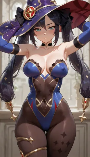 ultra-detailed, (best quality), ((masterpiece)), (highres), original, extremely, mona, 1girl, breasts, nipple bulge, solo, hat, witch hat, twintails, leotard, pantyhose, looking at viewer, gloves, medium breasts, choker, arms up, thighlet, armpits, blush, detached sleeves, black gloves, gold trim, covered navel, blue leotard, closed mouth, thighs, collarbone, purple headwear, cleavage, hands on headwear, bodystocking, elbow gloves, bare shoulders, hat ornament, highleg, brown pantyhose, star, (symbol), <lora:monax_xl:1>