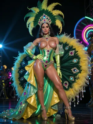 (front view picture of a 1990s extremely busty porn star deep dancing samba on a stage), . Brazilian Carnival parade.

Woman is 25yo, 1990 porn star. Ultra-detailed, exquisite face., (Huge saggy fake pornstar tits with erect nipples:1.5), . Ultra-glam sequined Brazilian Carnival costume with plunging cleavage in electrifying green and yellow with a high-gloss wetlook finish, glowing under vivid neon lighting. Sculpted corset-style bodice made of radiant lacquered satin, drenched in rhinestones, ruby crystals, sequins, glittering metallic beading, and reflective wet-shine accents that intensify the neon glow. Long flowing angel sleeves of sheer sparkling chiffon with glossy, liquid-like shimmer.

Massive showgirl puffball skirt and feathered backpiece transformed with wetlook coating and iridescent neon edges, layered satin ruffles, jeweled embroidery, and a dramatic crystal-studded train that glows under ultraviolet and neon highlights. Oversized showgirl headdress, towering green-and-yellow ostrich plumes with neon tips, rhinestone detailing, and a gem-encrusted crown base emitting soft neon reflections.

Accessories include glossy satin opera gloves with wetlook sheen, huge rhinestone chandelier earrings, neon-reactive gemstone necklaces, glittering bracelets, sequined golden louboutin stiletto high heels. Added elements, glowing feather plumes, sparkling fringe that flickers with neon bursts, reflective crystal accents, and stage-flare gleam effects. Overall aesthetic, hyper-luminous, futuristic, electrified showgirl glamour—classic Vegas meets neon nightclub fantasy. Shot with dramatic neon stage lights, wet-shine reflections, UV glow, and hyper-detailed textures.

She is looking straight at the viewer., (Happy:3)