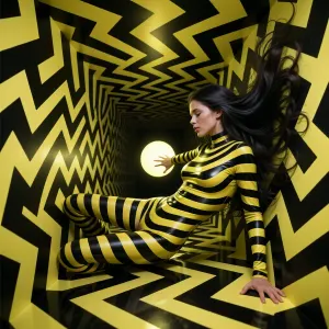 Floating in neon vortex: surreal optical illusion fashion dreamscape