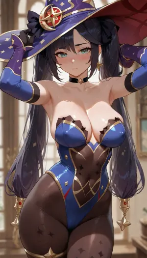 ultra-detailed, (best quality), ((masterpiece)), (highres), original, extremely, mona, 1girl, blushing, breasts, nipple bulge, solo, hat, witch hat, twintails, leotard, pantyhose, looking at viewer, gloves, medium breasts, choker, arms up, thighlet, armpits, blush, detached sleeves, black gloves, gold trim, covered navel, blue leotard, closed mouth, thighs, collarbone, purple headwear, cleavage, hands on headwear, bodystocking, elbow gloves, bare shoulders, hat ornament, highleg, brown pantyhose, star, (symbol), <lora:monax_xl:1>