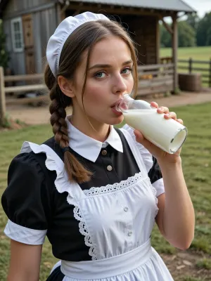 (A24 movie aesthetic, High quality, realistic, soft rim lighting, shallow depth of field, highly detailed, masterpiece), (soft natural light), merry milkmaid, (((milkmaid traditional back and white clothing))), farm in background, (She is about to drink milk from her small bottle of milk, natural liquid physics), . Focus on the top of the body from head to waist. Beautiful blue eyes.