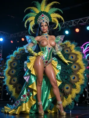 (front view picture of a 1990s extremely busty porn star deep dancing samba on a stage), . Brazilian Carnival parade.

Woman is 25yo, 1990 porn star. Ultra-detailed, exquisite face, highly detailed., (Huge perky fake bimbo tits with erect nipples:1.5), . Best breasts in the world. Ultra-glam sequined Brazilian Carnival costume with plunging cleavage in electrifying green and yellow with a high-gloss wetlook finish, glowing under vivid neon lighting. Sculpted corset-style bodice made of radiant lacquered satin, drenched in rhinestones, ruby crystals, sequins, glittering metallic beading, and reflective wet-shine accents that intensify the neon glow. Long flowing angel sleeves of sheer sparkling chiffon with glossy, liquid-like shimmer.

Massive showgirl puffball skirt and erect peacock-tail-like feathered backpiece transformed with wetlook coating and iridescent neon edges, layered satin ruffles, jeweled embroidery, and a dramatic crystal-studded train that glows under ultraviolet and neon highlights. Oversized showgirl headdress, towering green-and-yellow ostrich plumes with neon tips, rhinestone detailing, and a gem-encrusted crown base emitting soft neon reflections.

Accessories include glossy satin opera gloves with wetlook sheen, huge rhinestone chandelier earrings, neon-reactive gemstone necklaces, glittering bracelets, sequined golden louboutin stiletto high heels. Added elements, glowing feather plumes, sparkling fringe that flickers with neon bursts, reflective crystal accents, and stage-flare gleam effects. Overall aesthetic, hyper-luminous, futuristic, electrified showgirl glamour—classic Vegas meets neon nightclub fantasy. Shot with dramatic neon stage lights, wet-shine reflections, UV glow, and hyper-detailed textures.

She is looking straight at the viewer., (Happy:3)
